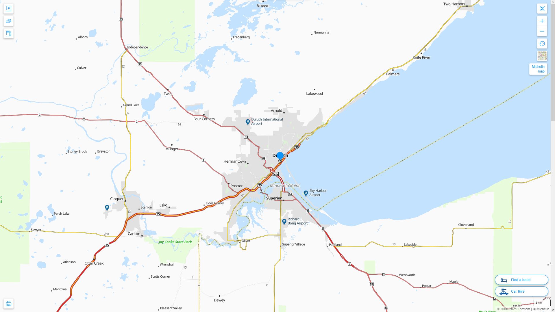 Duluth Minnesota Highway and Road Map
